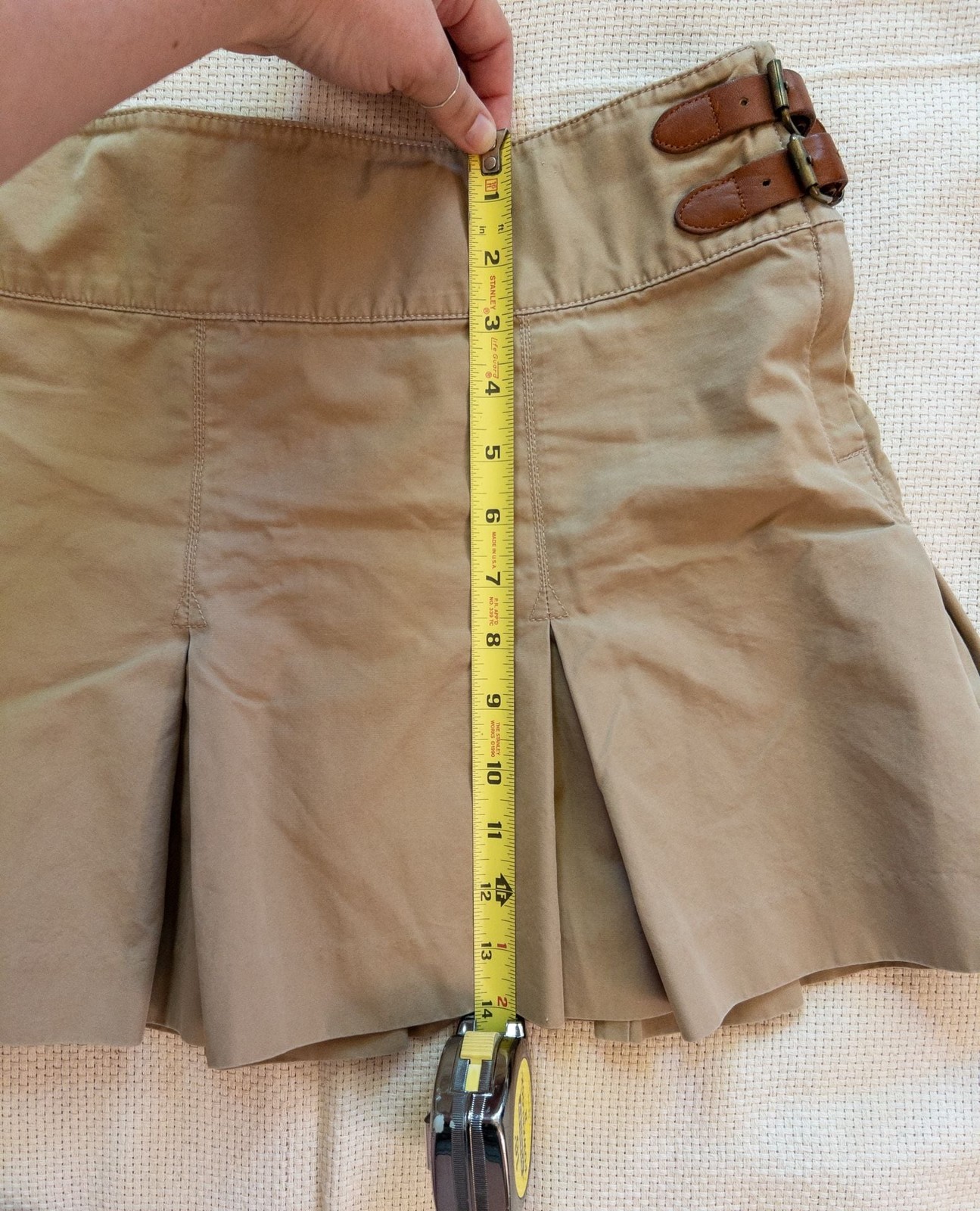 VTG Ralph Lauren Khaki Pleated Mini Skirt 14 Cotton Leather Double Buckle Tan
