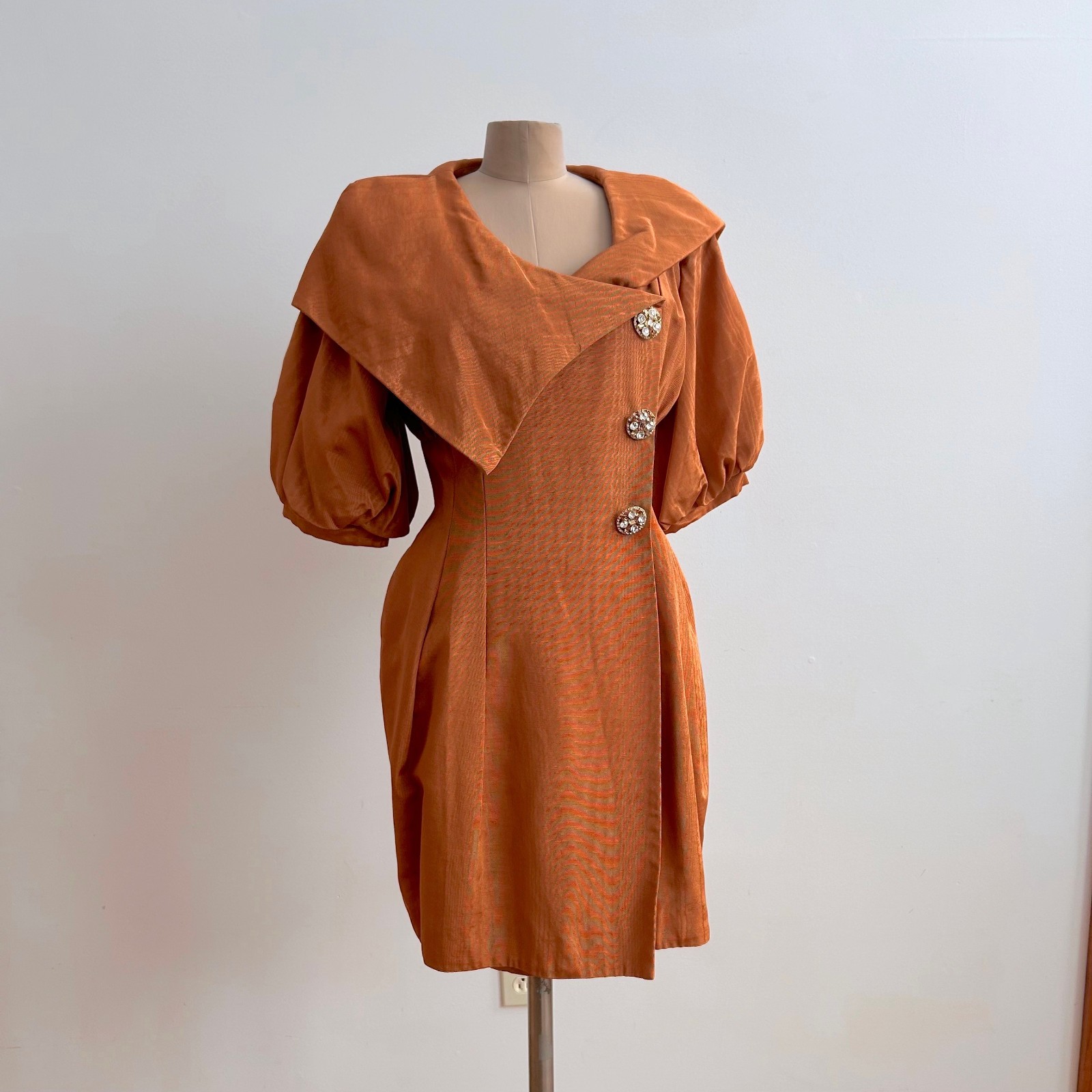 Victor Costa Vintage Party Dress Crytal Jewel Buttons sz 8 Copper 1980s Cocktail