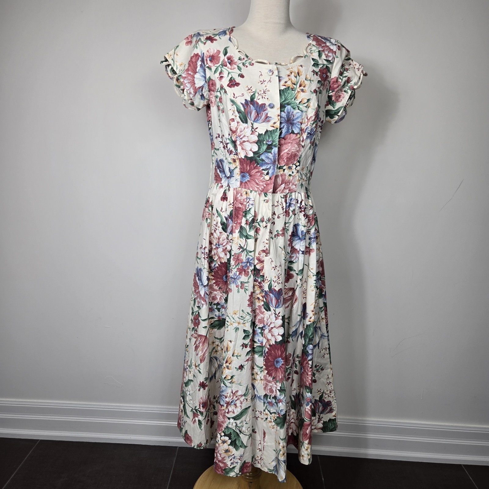 Vintage Clues Floral Cottagecore Prairie Midi Dress Romantic Boho Size 8