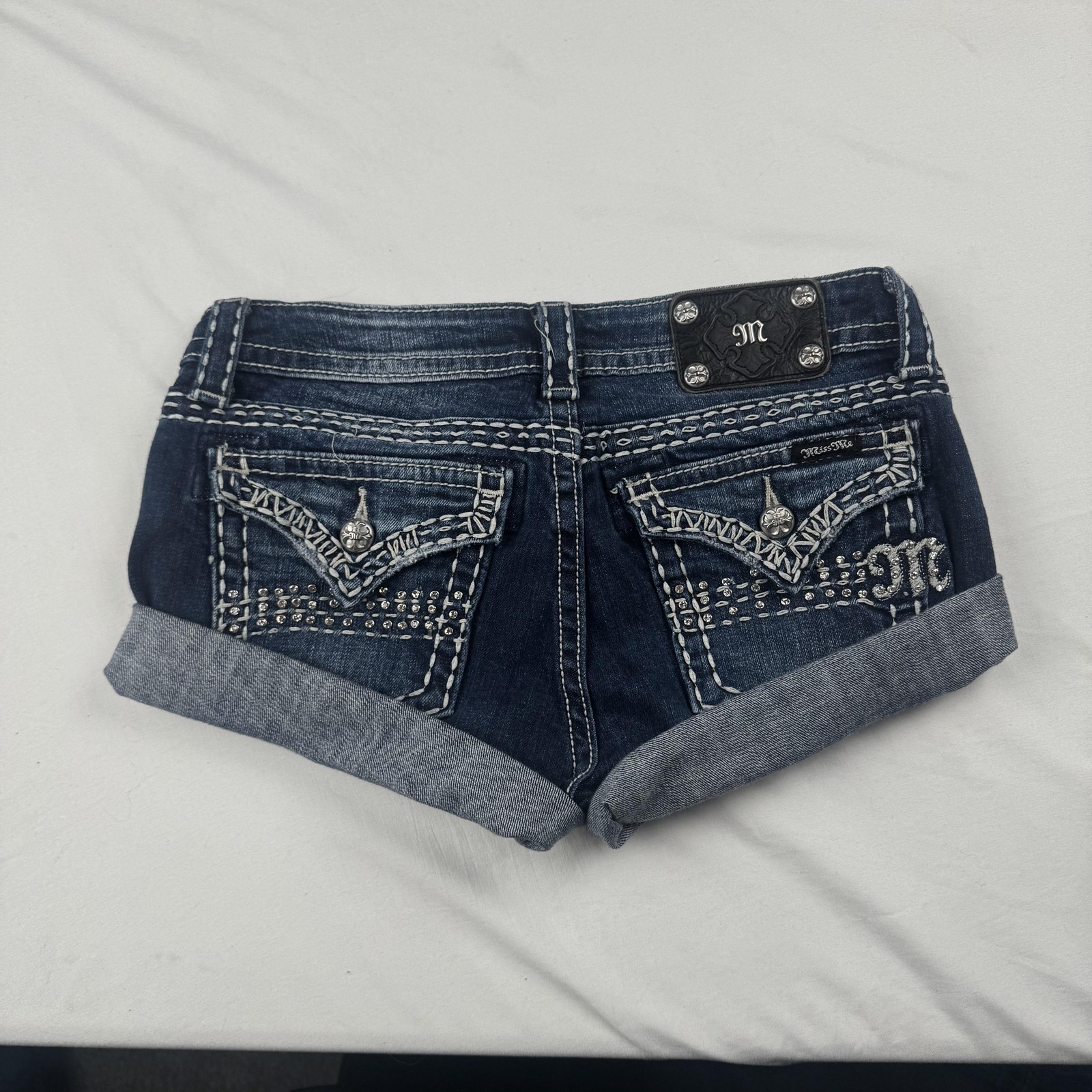 Miss Me Denim Shorts Womens 28 Blue Rolled Cuff Embellished Pockets Casual