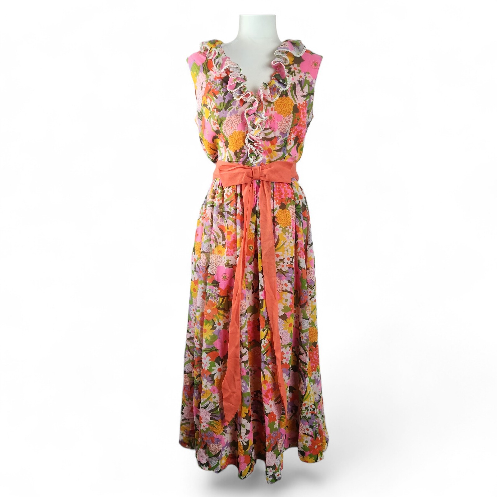 60s True Vtg Miss Elliette Garden Party Sleeveless Maxi Dress LARGE Bow Orange