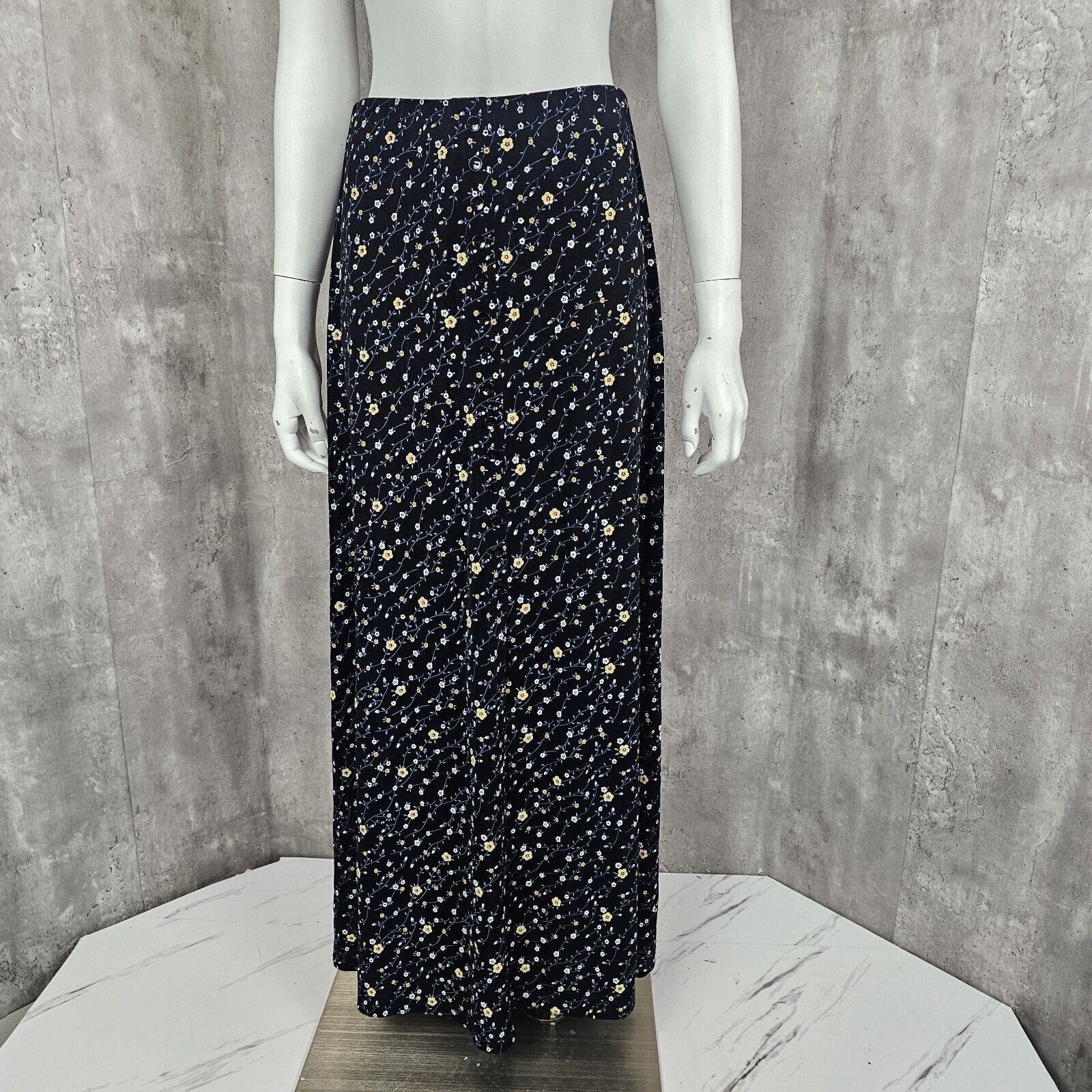 Vintage 90s Briggs S/M Black Floral Skirt Knit Stretchy Halfway Button Up Slit