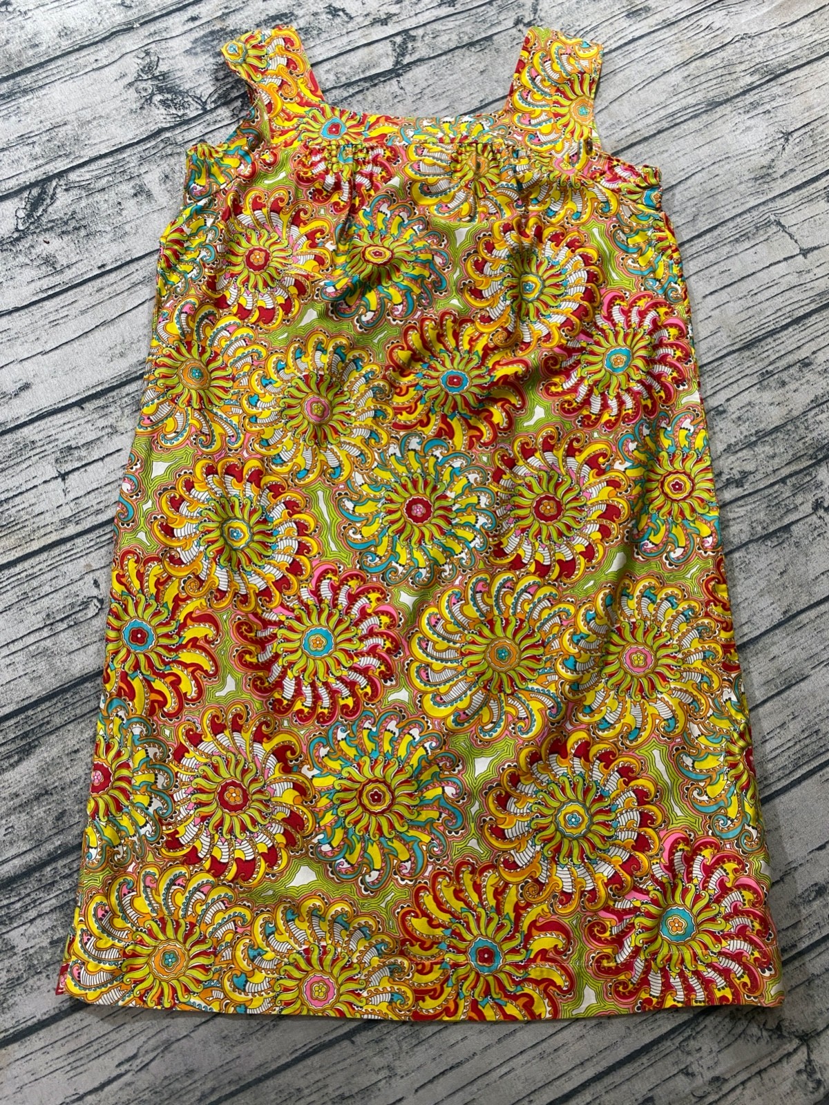 Vtg 60s House Dress Groovy Psychedelic Hippie Boho Festival Tropical Printed