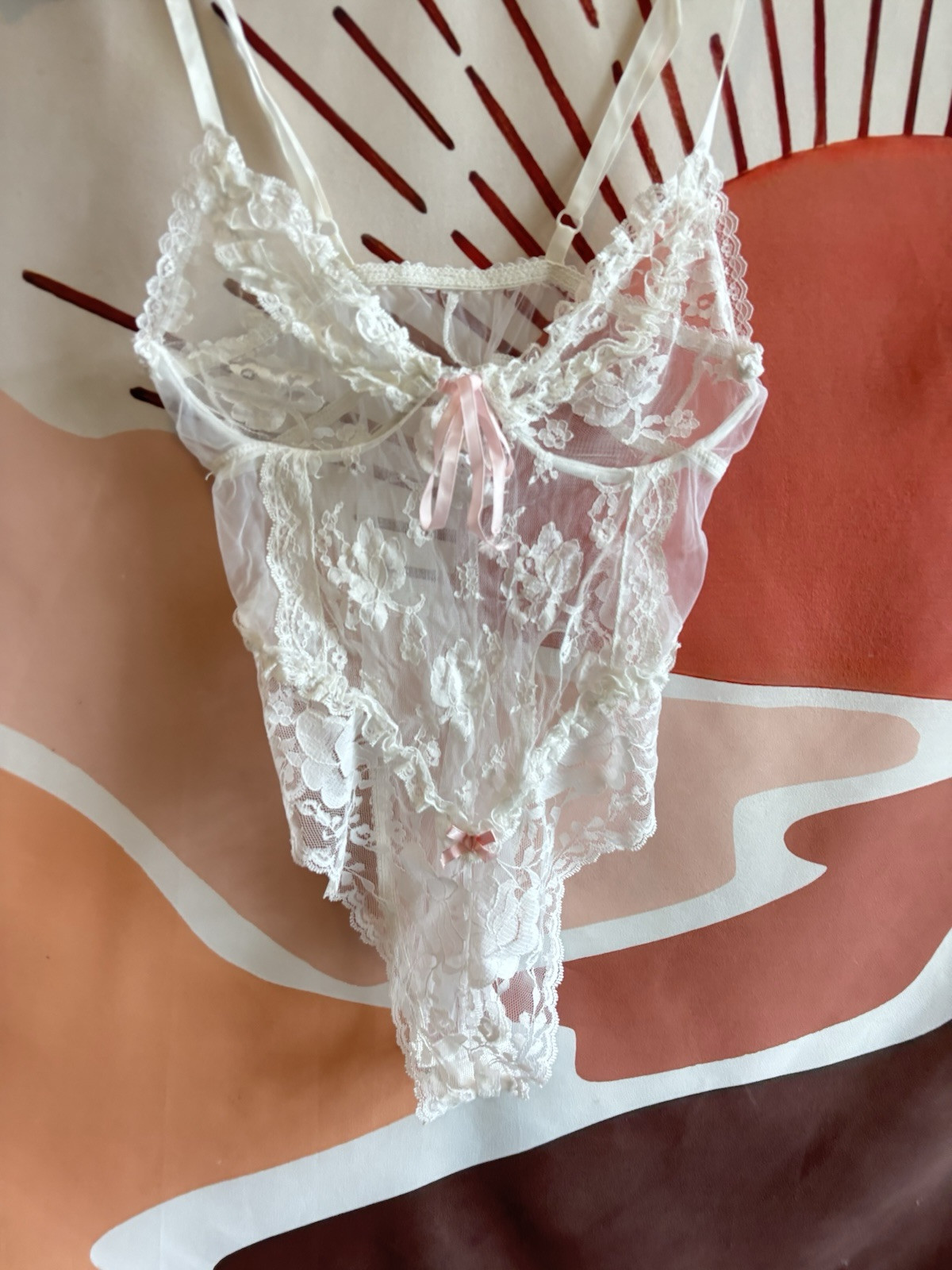VTG 80s E. Bole White Lace High Cut Lingerie Teddy Sheer Lace Pink Bow