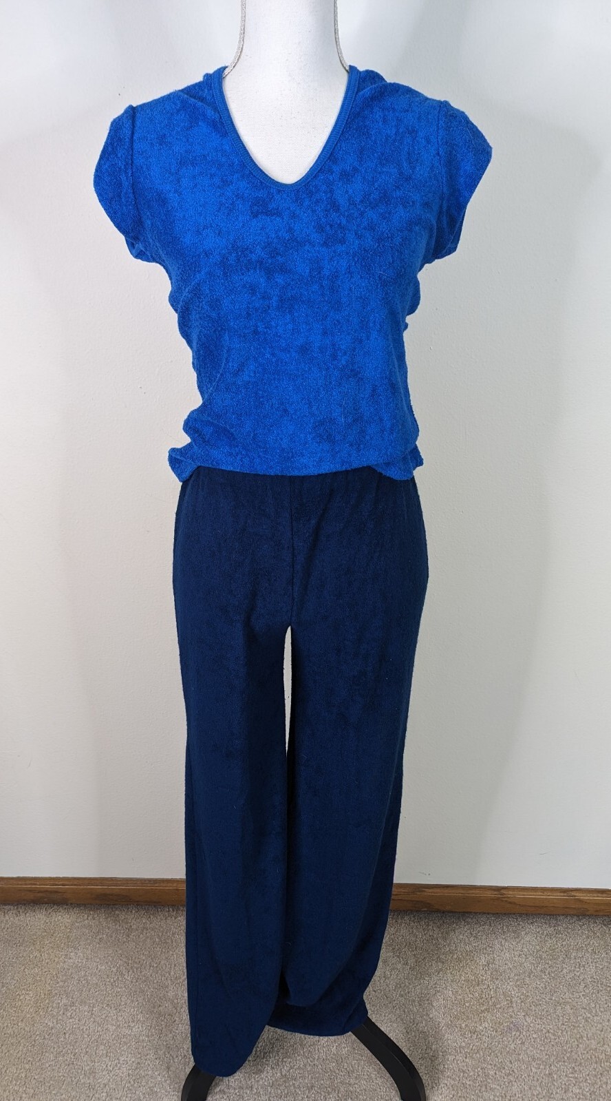 Vtg 60s Womens 2 Piece Bell Bottoms Pants Top Set Blue Terry Cloth Small 4/6 D3S