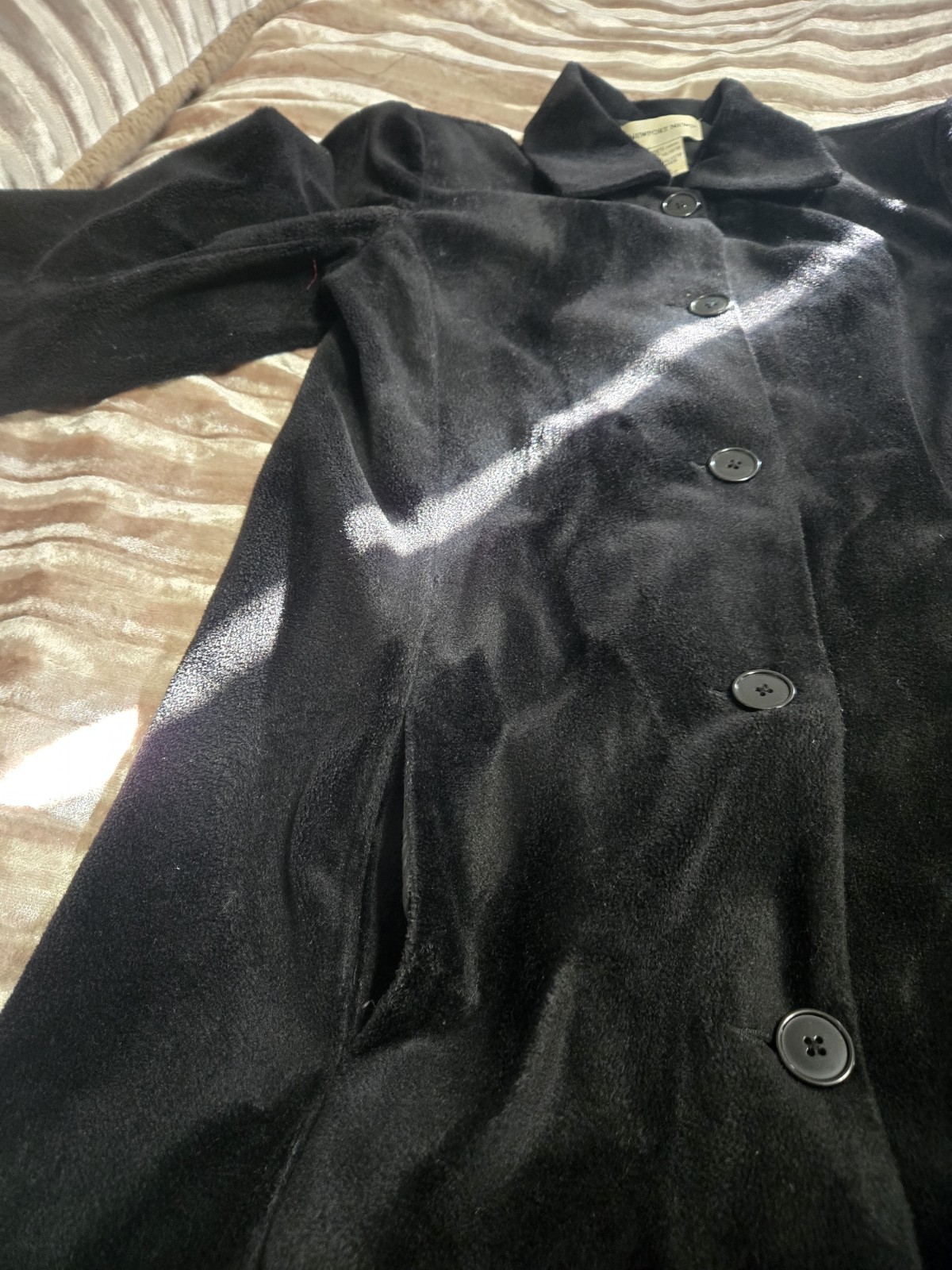 Vtg Newport News Maxi Jacket Duster Sz 8 Black Velveteen Wavy Print