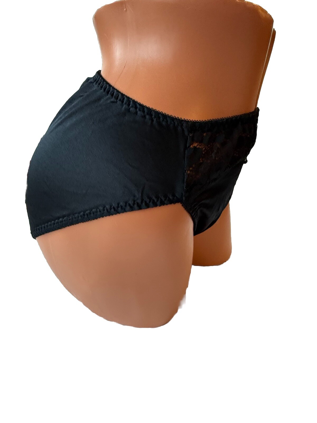 Vtg Panties High Cut Nylon Bali Brief Planets Circles Records on Lace Black L 7