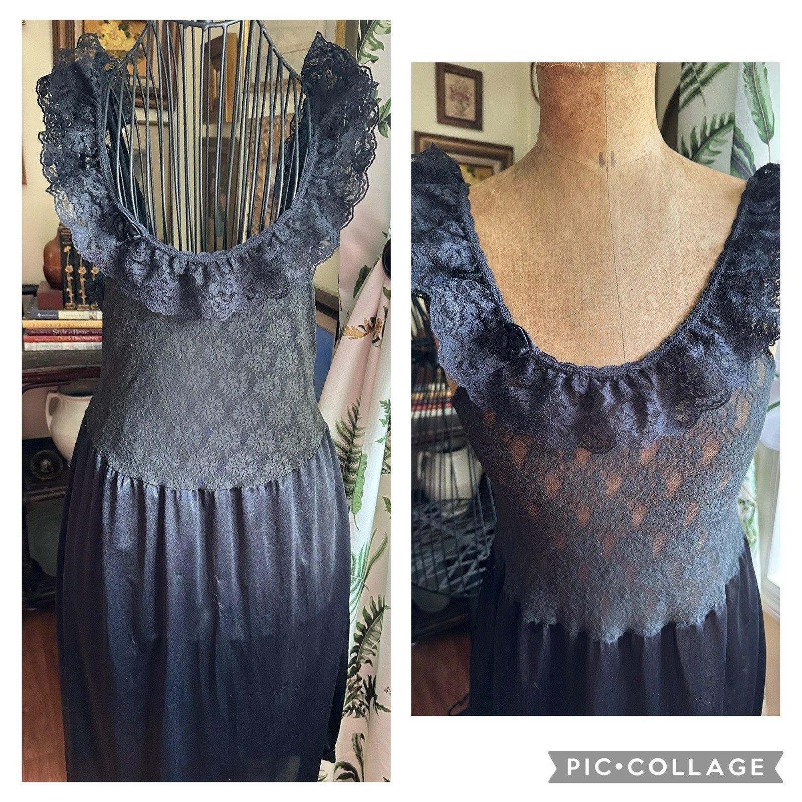 VTG 80s Stroke of Midnight Black Lace Lingerie Night Gown Skirt USA Whimsigoth M