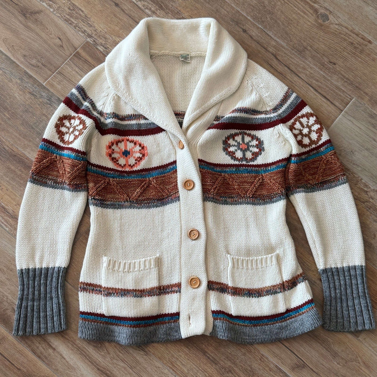 Miss K Vintage Southwestern Shawl Collar Cardigan Sweater Cream M Button Missing
