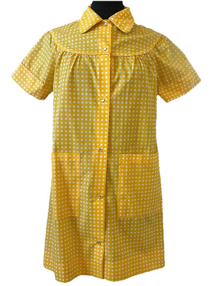 Sears Perma Press Yellow & White Polkadot Dress Pearl Snap w/ pockets sz S 8/10