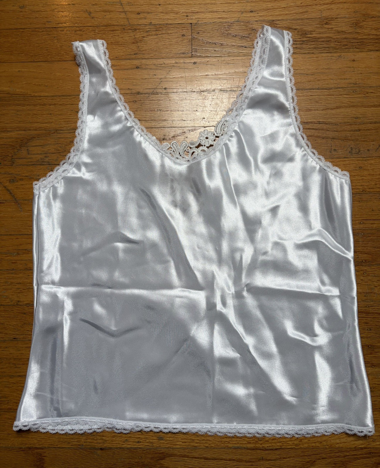 Vintage 90s Y2K Lace Trim Satin Tank Top L Lingerie Cami Fairy Coquette Whimsy