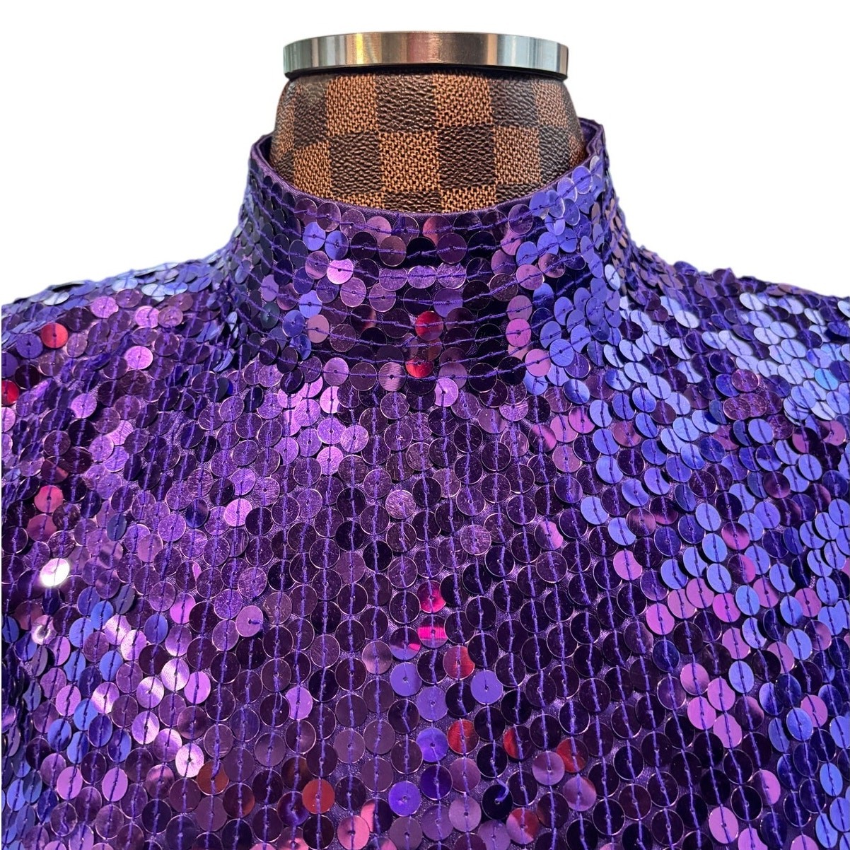 Vtg 90s Purple Sequin Open Back Mock Neck Cocktail Dress Size 10 Disco Glam Luxe