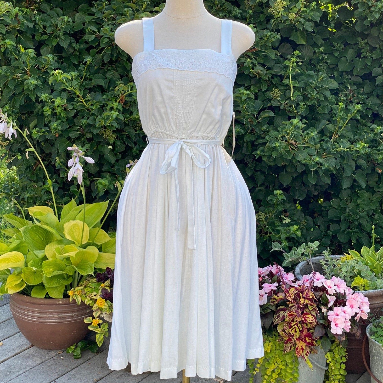 Lanz Cottagecore White Tank Midi Maxi Dress Prairie Milkmaid Eyelet Trim – 13/14