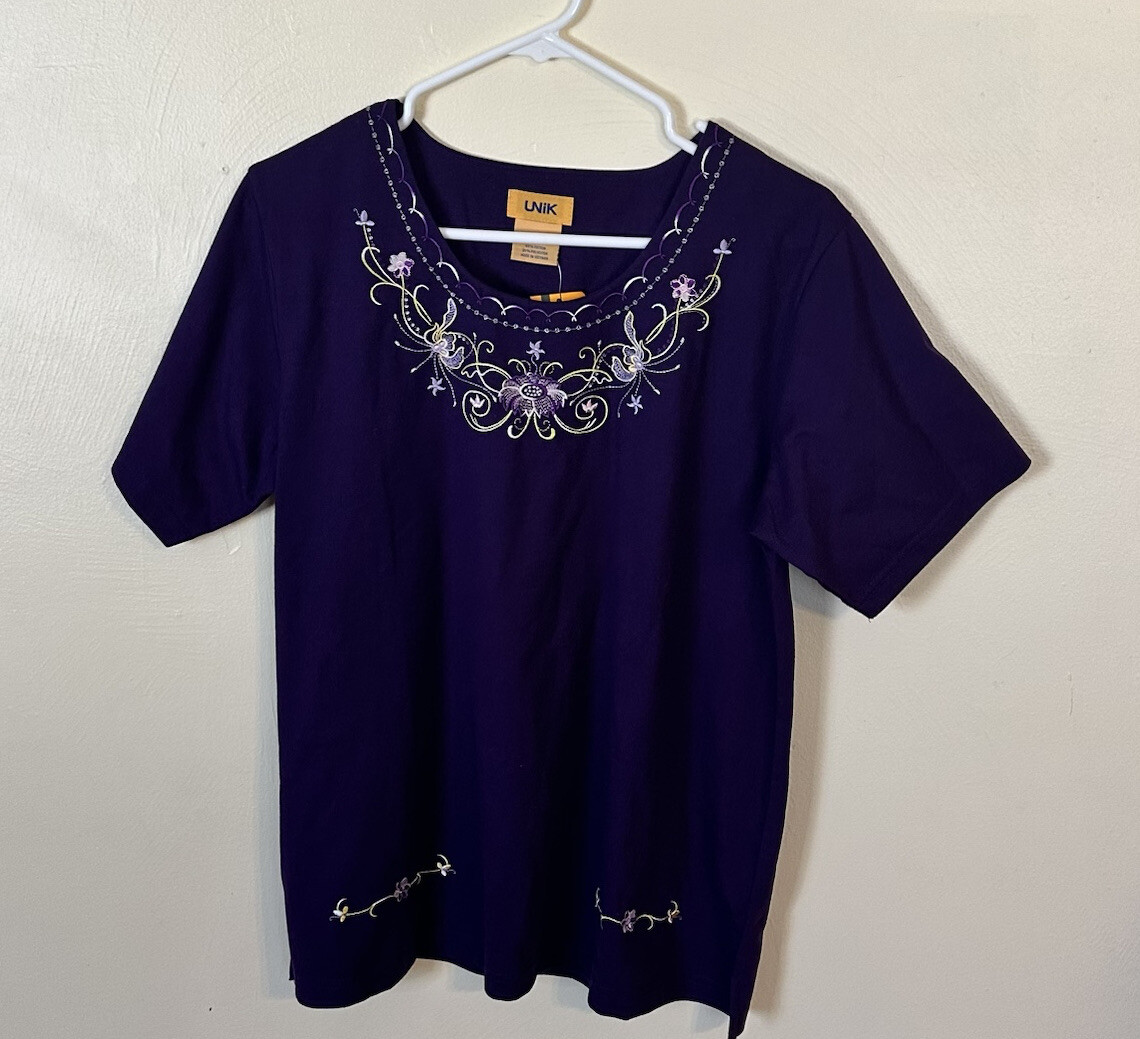 Vintage Unik Shirt Embroidered Floral Womens Size Large Short Sleeve Purple