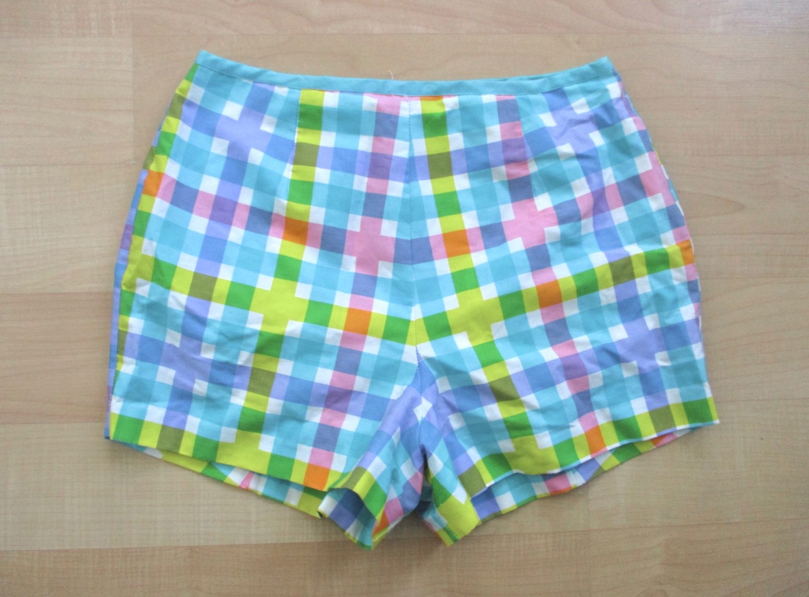 Vtg 60s Seawaves pink blue check high waist Gidget swim shorts panty lining 10
