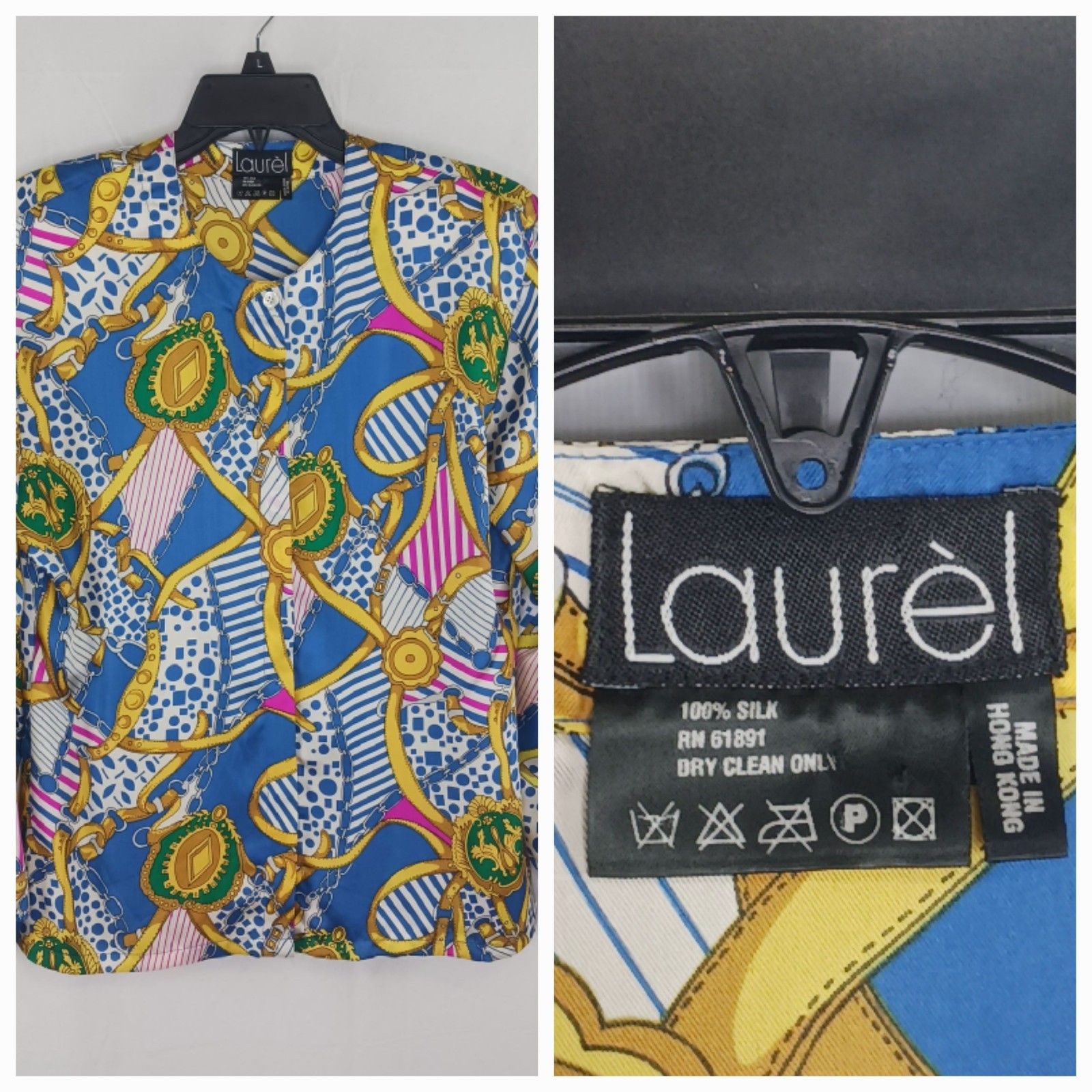 Escada Laurel Vintage Womens 90’s Silk Blue Retro Bold higher end blouse Sz 36