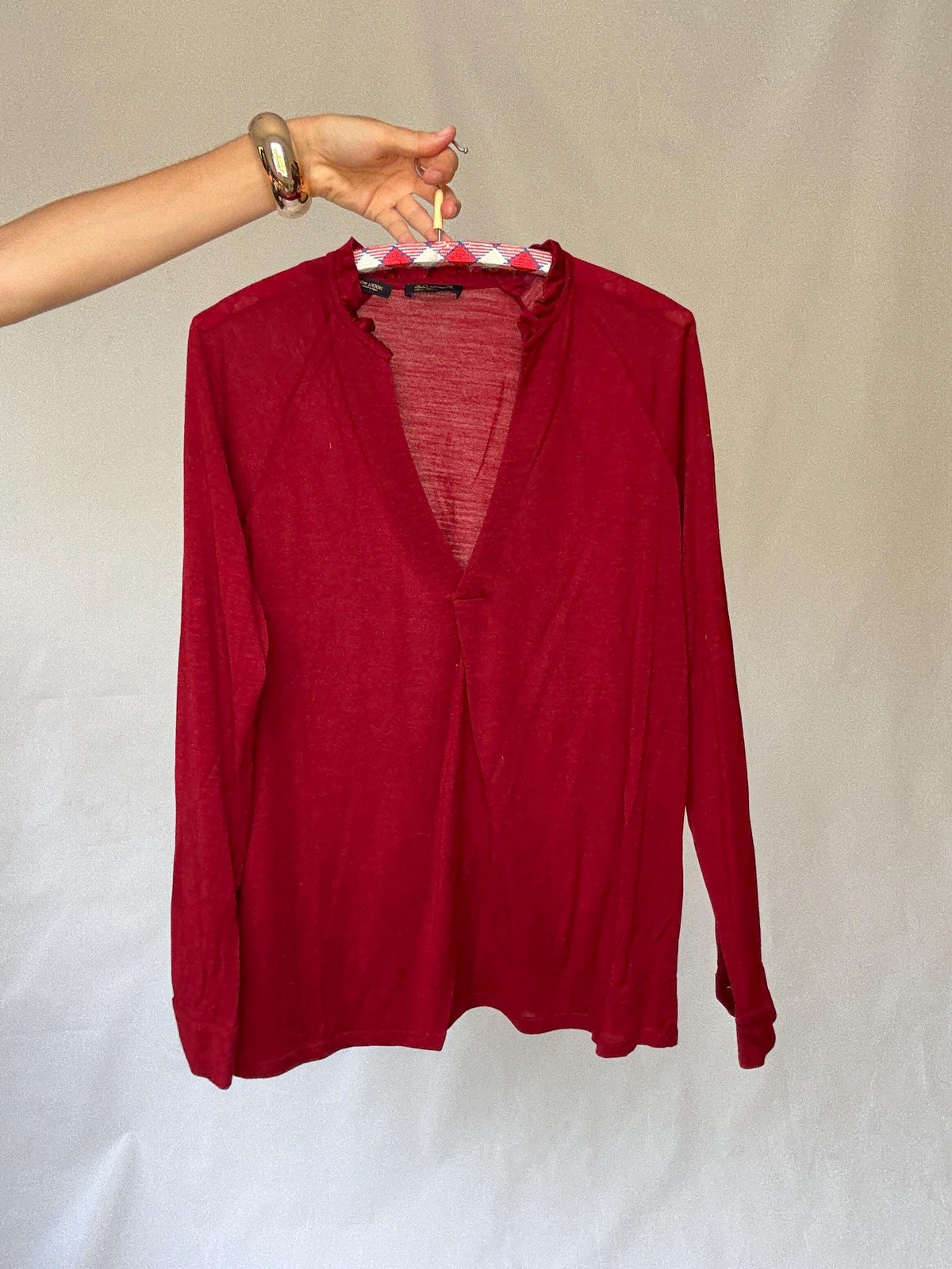 Super soft wool deep red long sleeve top, Red V-neck jumper jersey, Size S