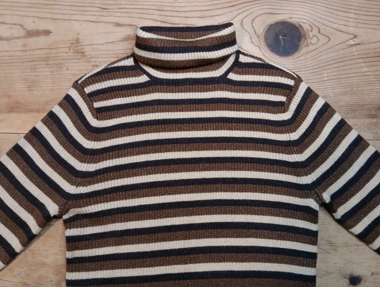Vtg Old Navy Turtleneck Sweater Top Junior M Brown Striped Ribbed Sparkle Fitted