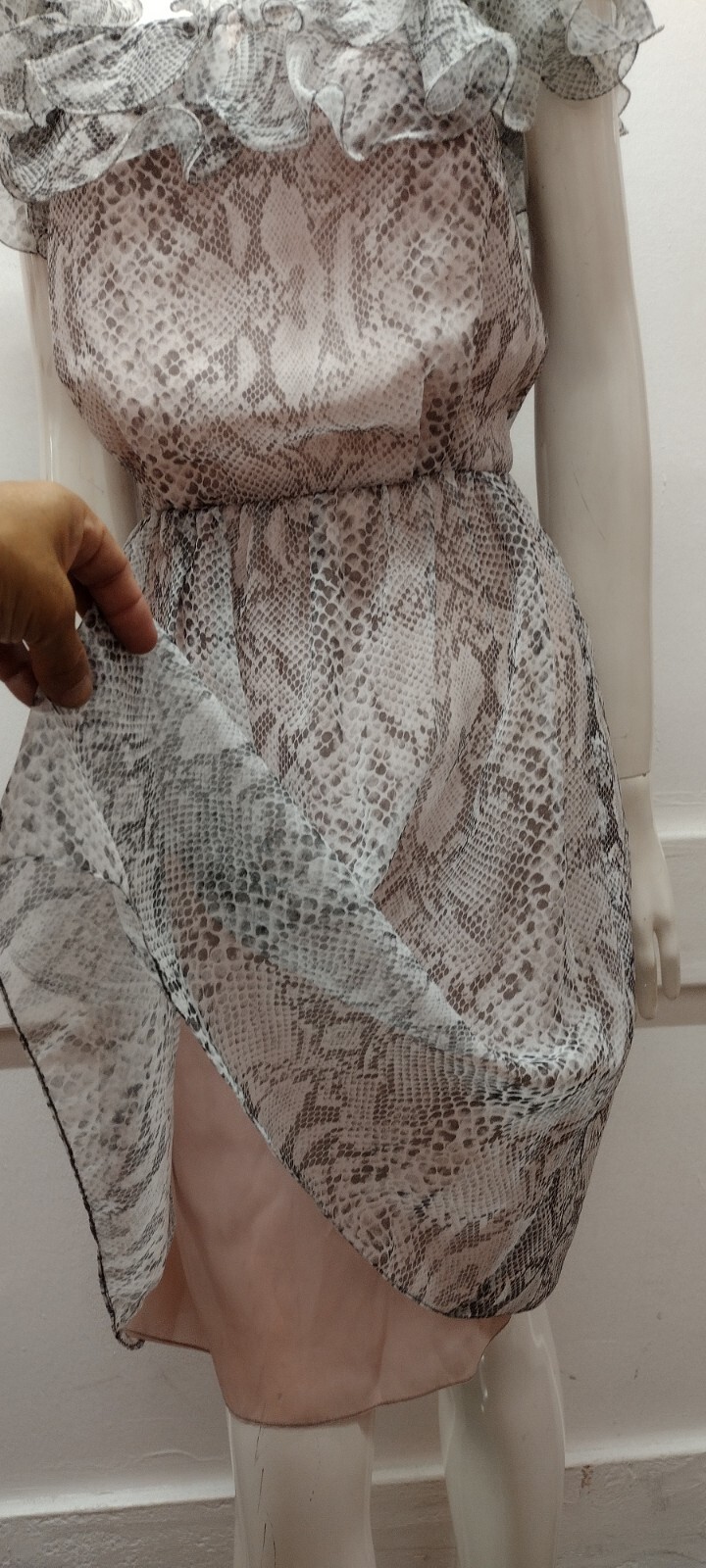 Gray Snakeskin Chiffon Dress Ruffles Flamboyant Dolly Busty Size S/M 1980s