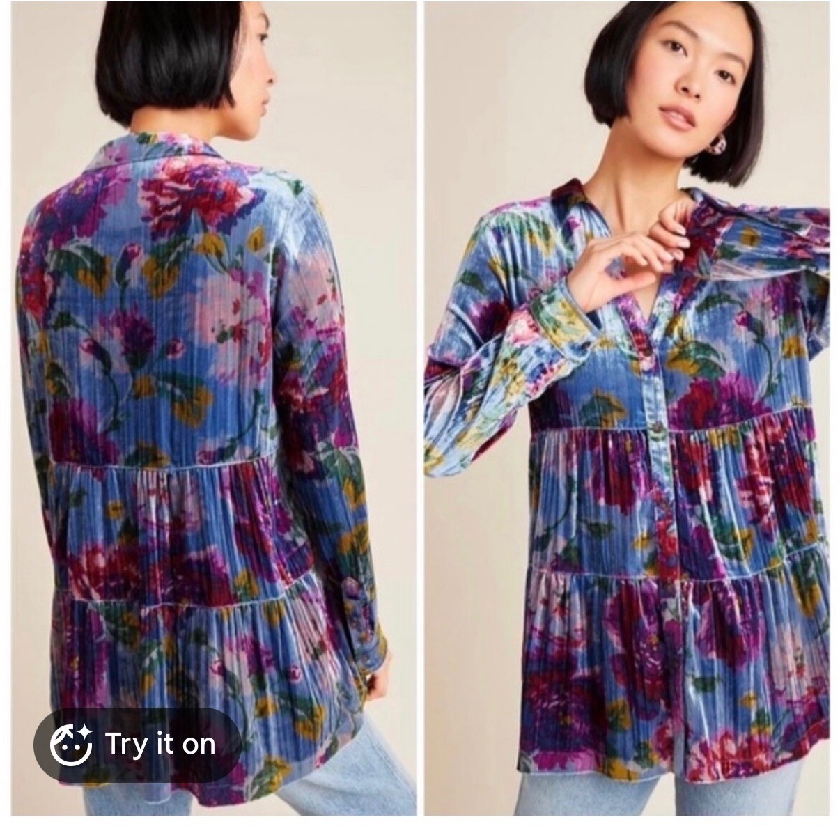 Maeve Anthropologie Blue Floral Velvet Burnout Tiered Tunic Mini Dress Small