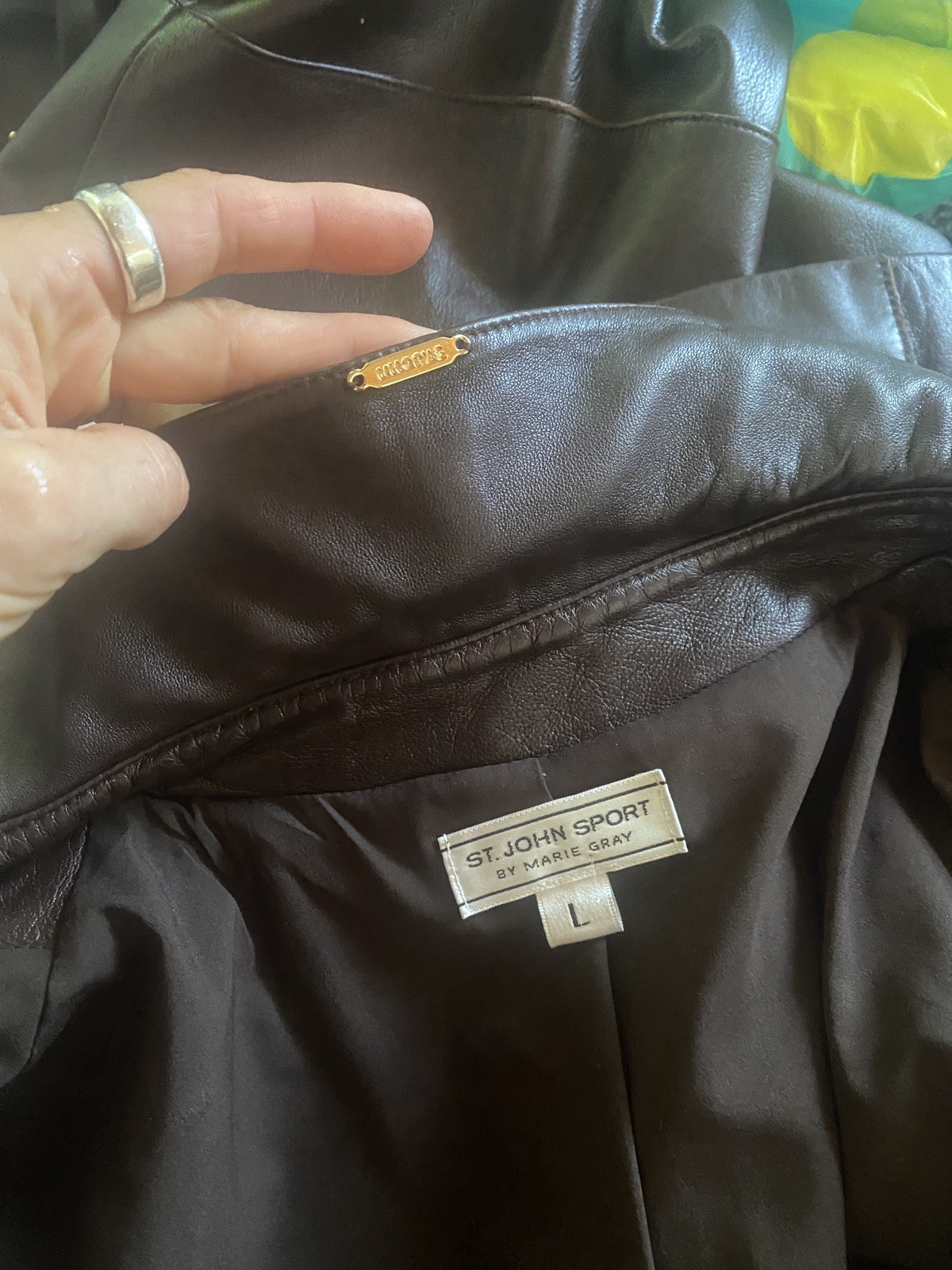 Y2K St John Sport Marie Grey brown leather grommet jacket and pants set Large