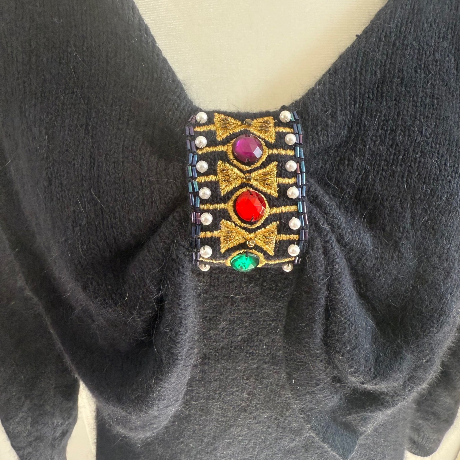 VTG 90s IB Diffusion Black Wool Silk Angora Beaded Bow Sweater Womens M Jewels