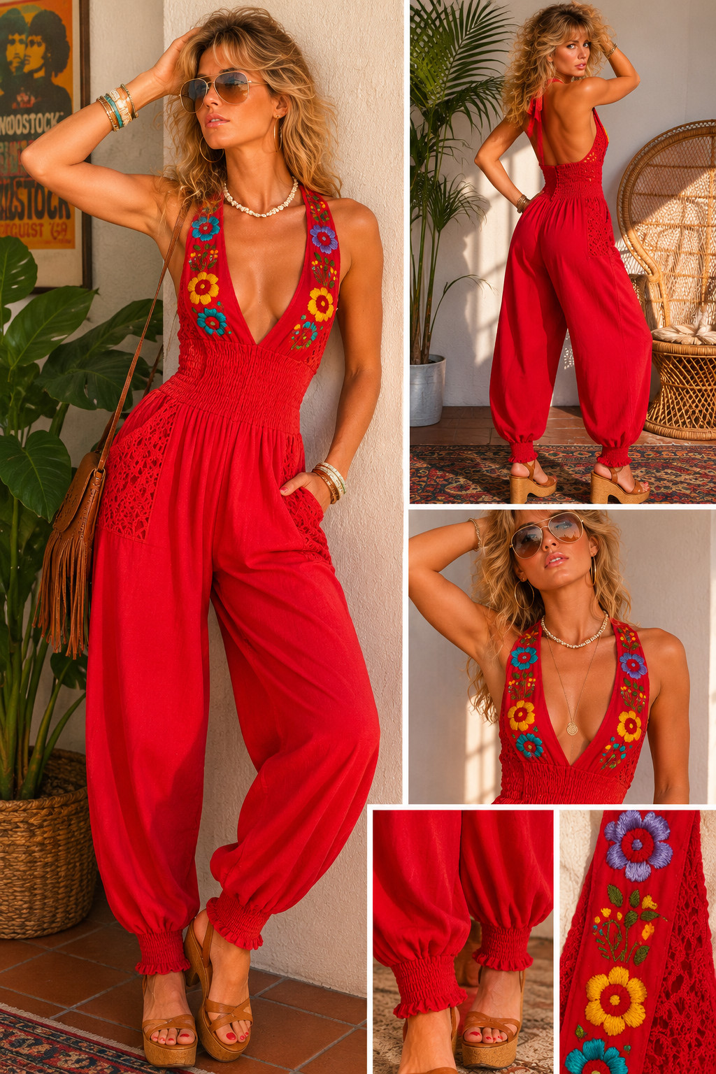 Vintage 1980s Red Boho Harem Jumpsuit Embroidered Floral Lace Halter Romper XL