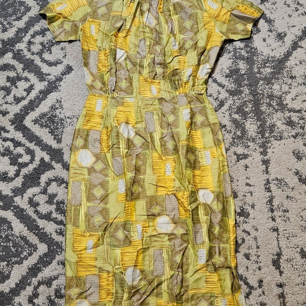 Vintage 1960s Tiki Geometric Print Dress Size Large