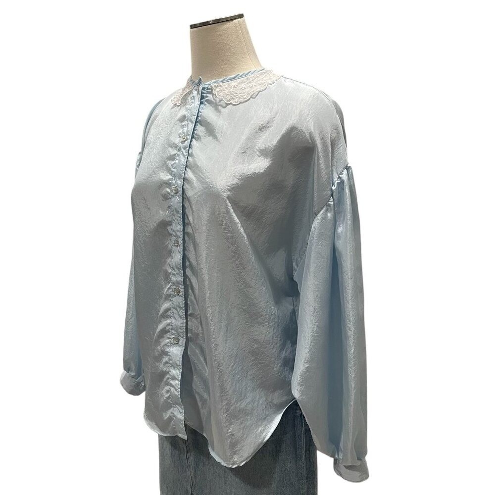 Vintage Light Blue Blouse L Lace Peter Pan Collar Cottagecore Romantic Coquette