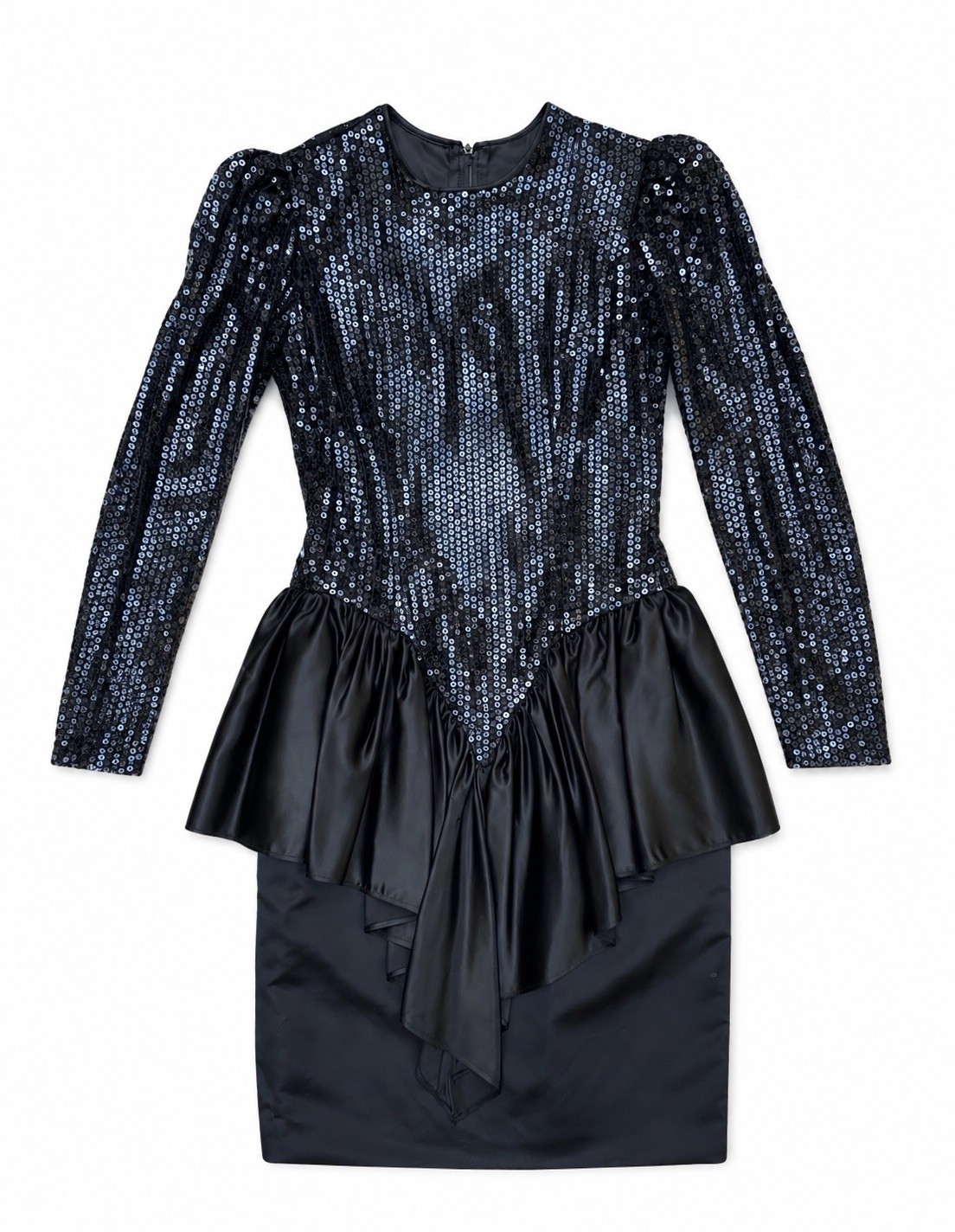 Vintage 1980’s 1990’s Black Sequin Peplum Fitted Cocktail Avant Garde Dress 14