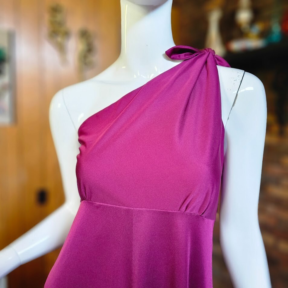 Vtg 70s Disco Wine Cold Shoulder Liquid Jersey Empire Maxi Dress Toga Gown S/M