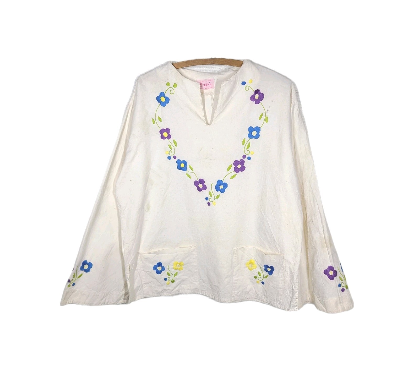 Vtg 70s Peasant Shirt Floral Embroidery L XL Natural Cotton Boho Bell Sleeve