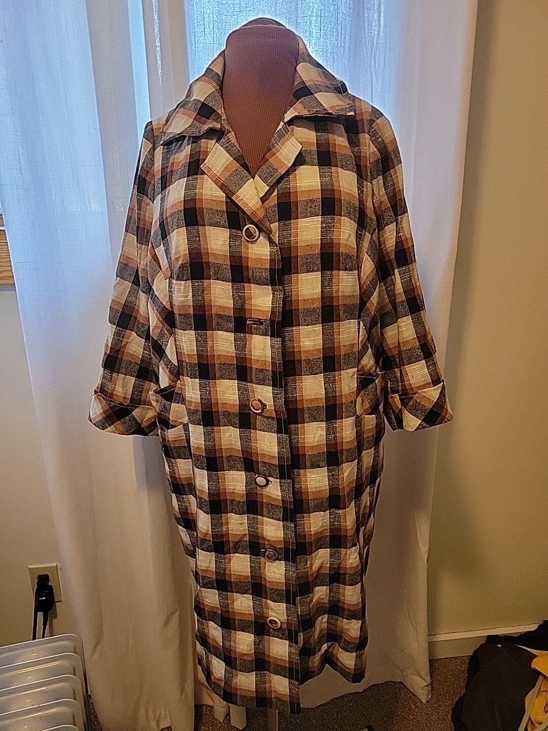 Sz 46 Vintage 50s Plaid Cotton Blend Coat Handmade