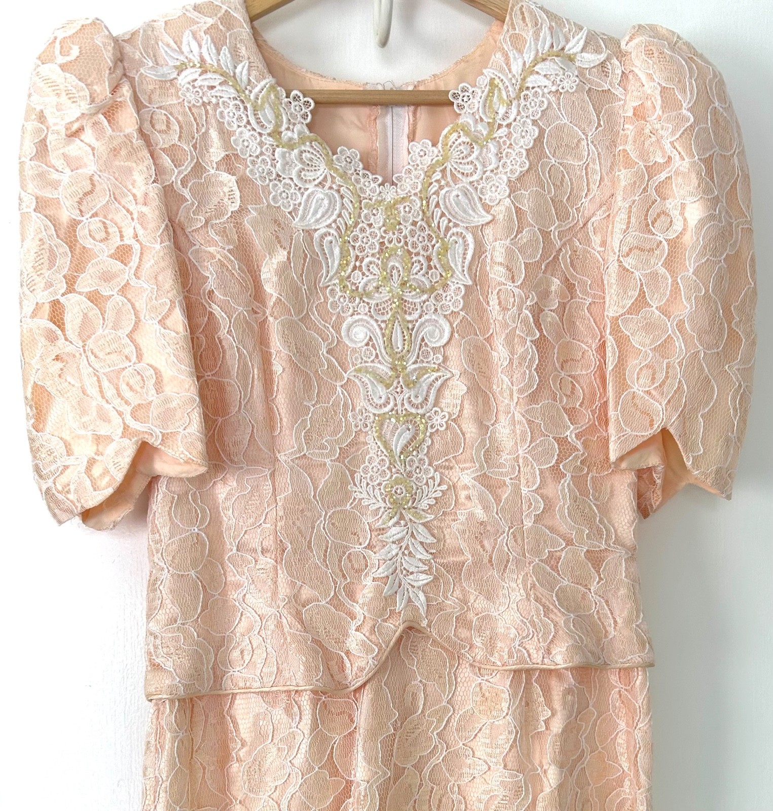 Vintage SCOTT MCCLINTOCK Gown 6 LACE Overlay Peach Dress Sequins Bustle Formal