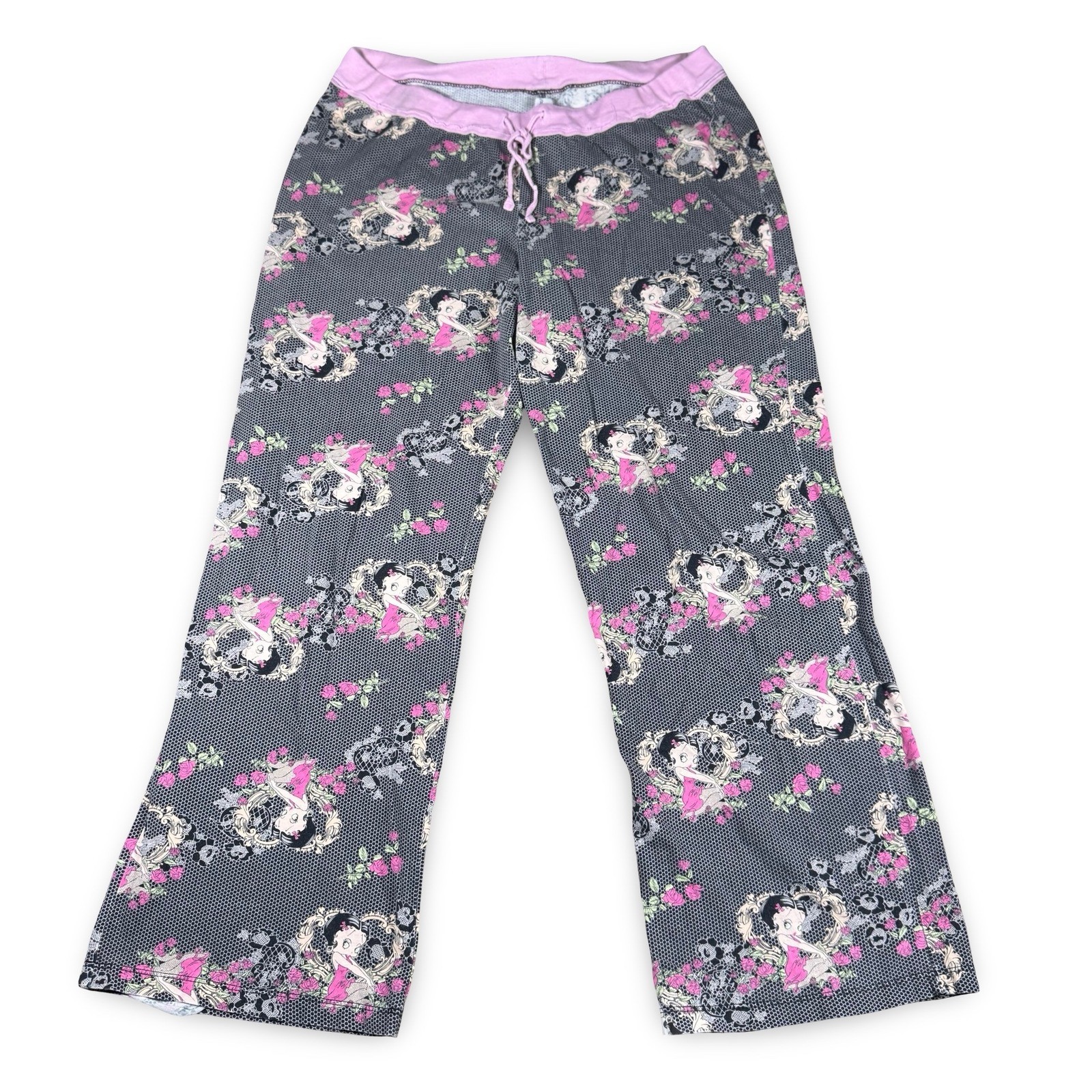 VTG 2007 Betty Boop Pajama Pants M Pink Lace Rose Print Lounge Sleepwear Y2K