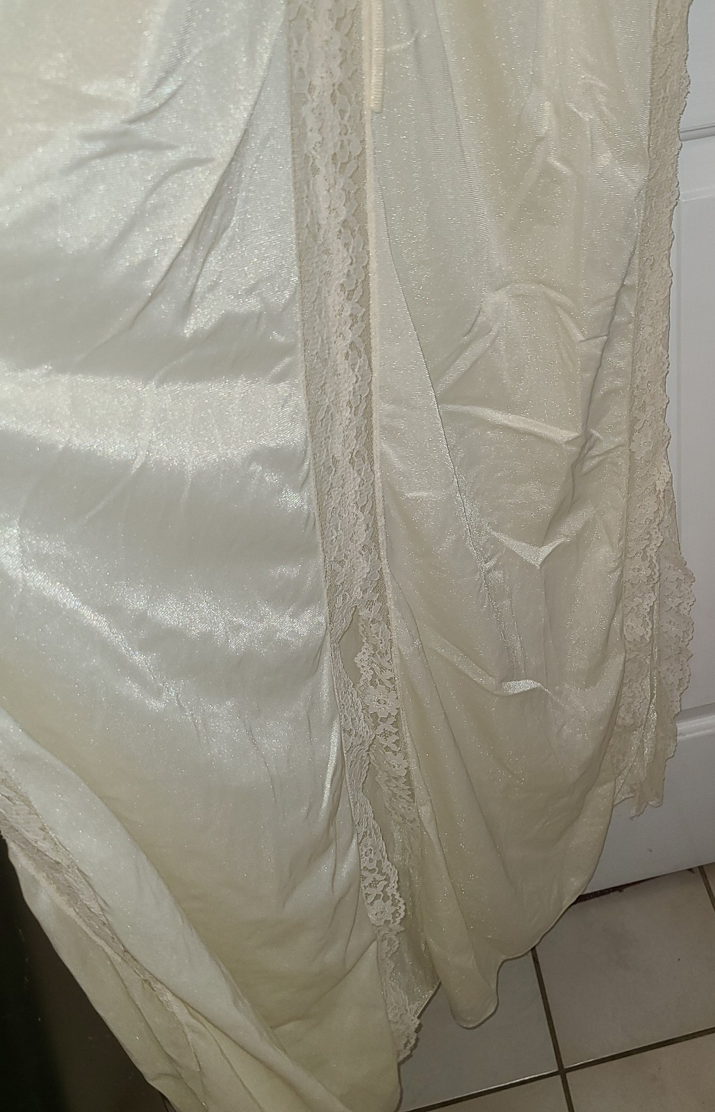 Vtg Long NIGHTGOWN Medium Nylon Lace Ethereal Slip Cream Color Bow Slit in Front