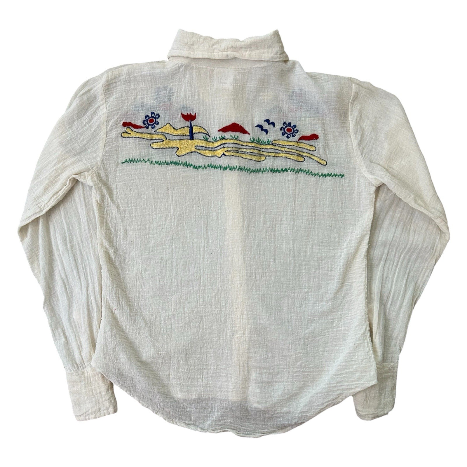 VTG 1970s Scenic Floral Embroidered White Gauze Cotton Button Up Womens Sz M