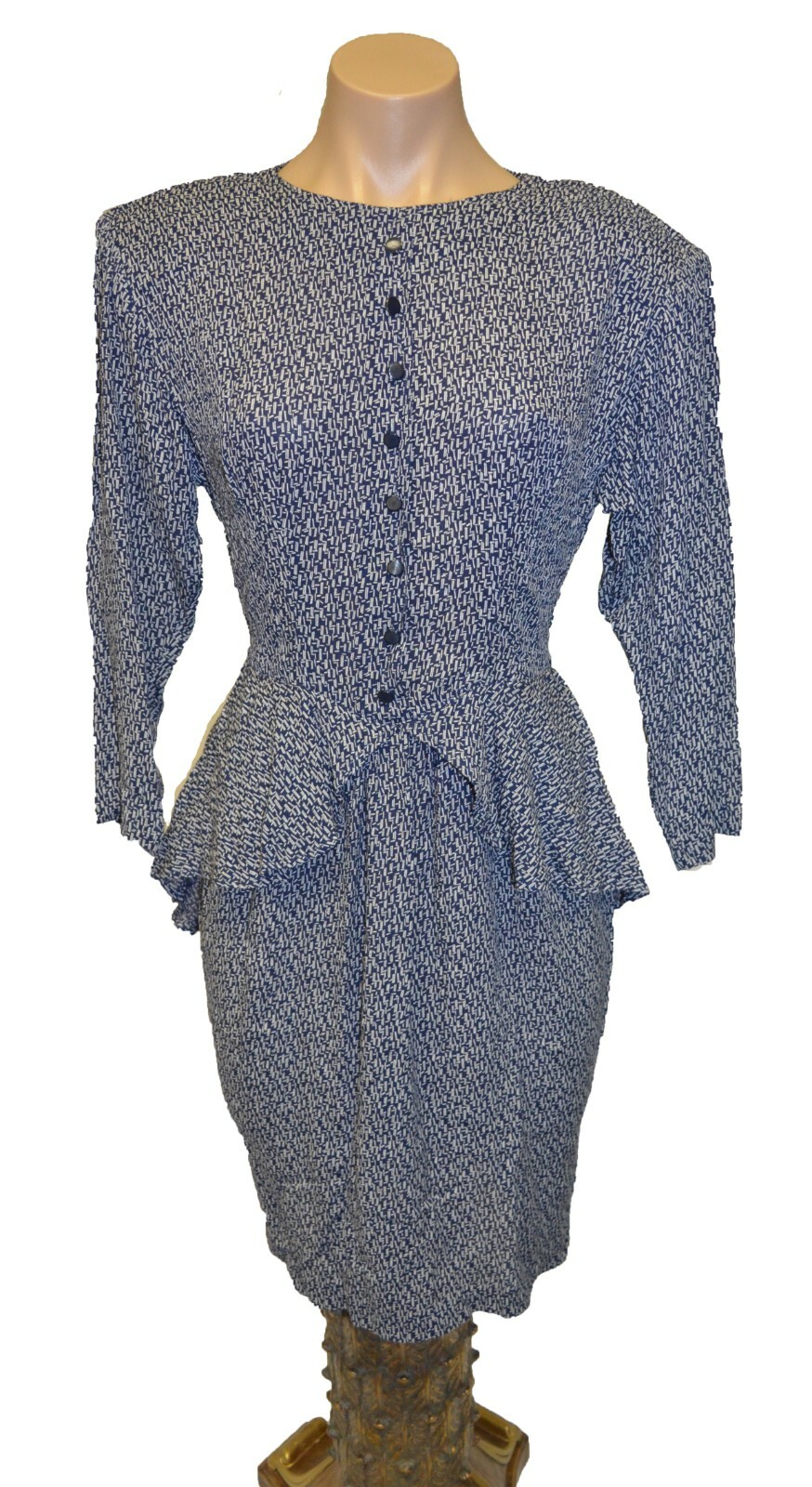 Michelle Stuart Petite Vintage 80s Blue Abstract Print Peplum Dress sz 4