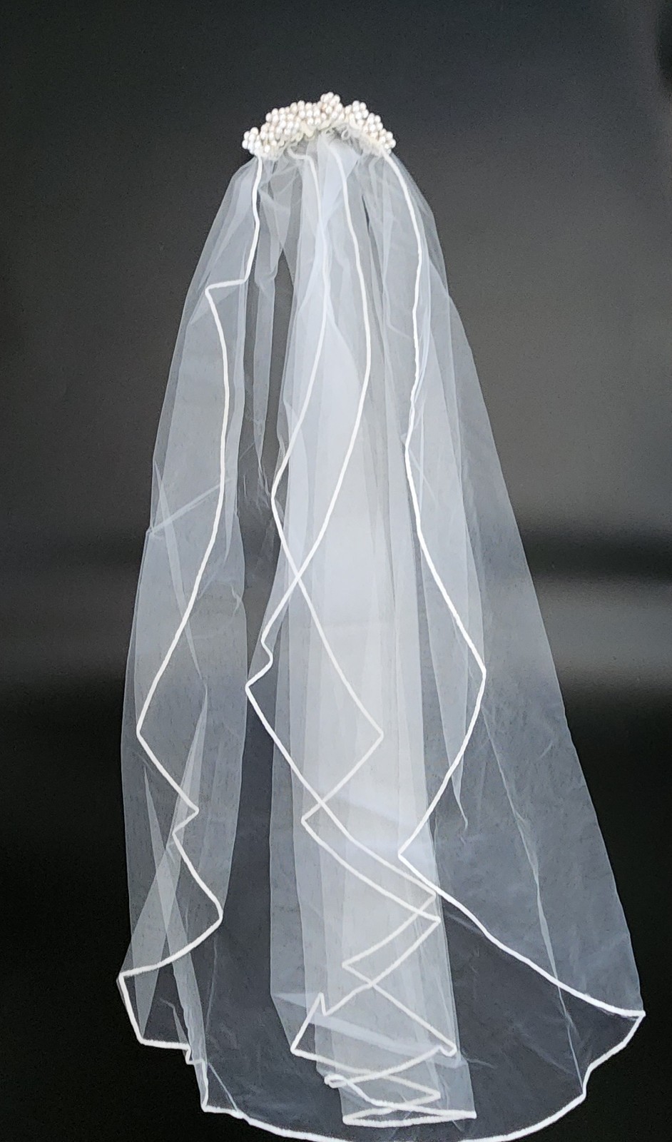 Vintage’80 Wedding Veil Headpieces Beaded Pearls/2 Tiered/Length 34″