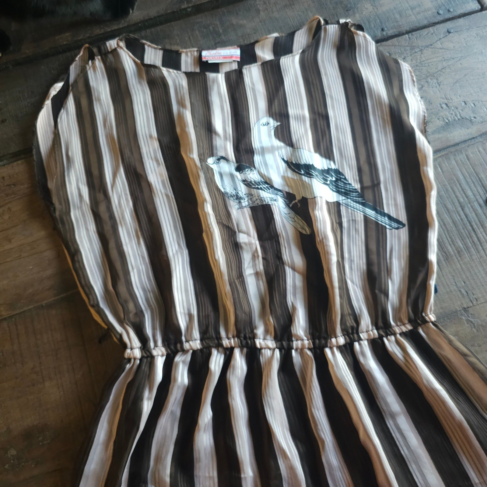 Vintage 70s Charline Striped Bird Floral Midi Dress Pink Brown Cream Dove Sheer