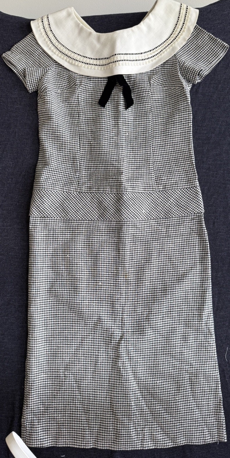 Vtg Blk Wht Houndstooth Drop Waist Dress 60s Mod Academia PeterPan Collar Bow SM
