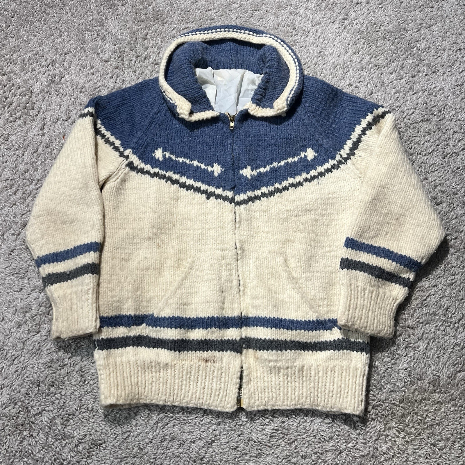 True Vintage Cowichan Wool Zip Sweater Ivory Blue Womens Small 1970s 60s C&C
