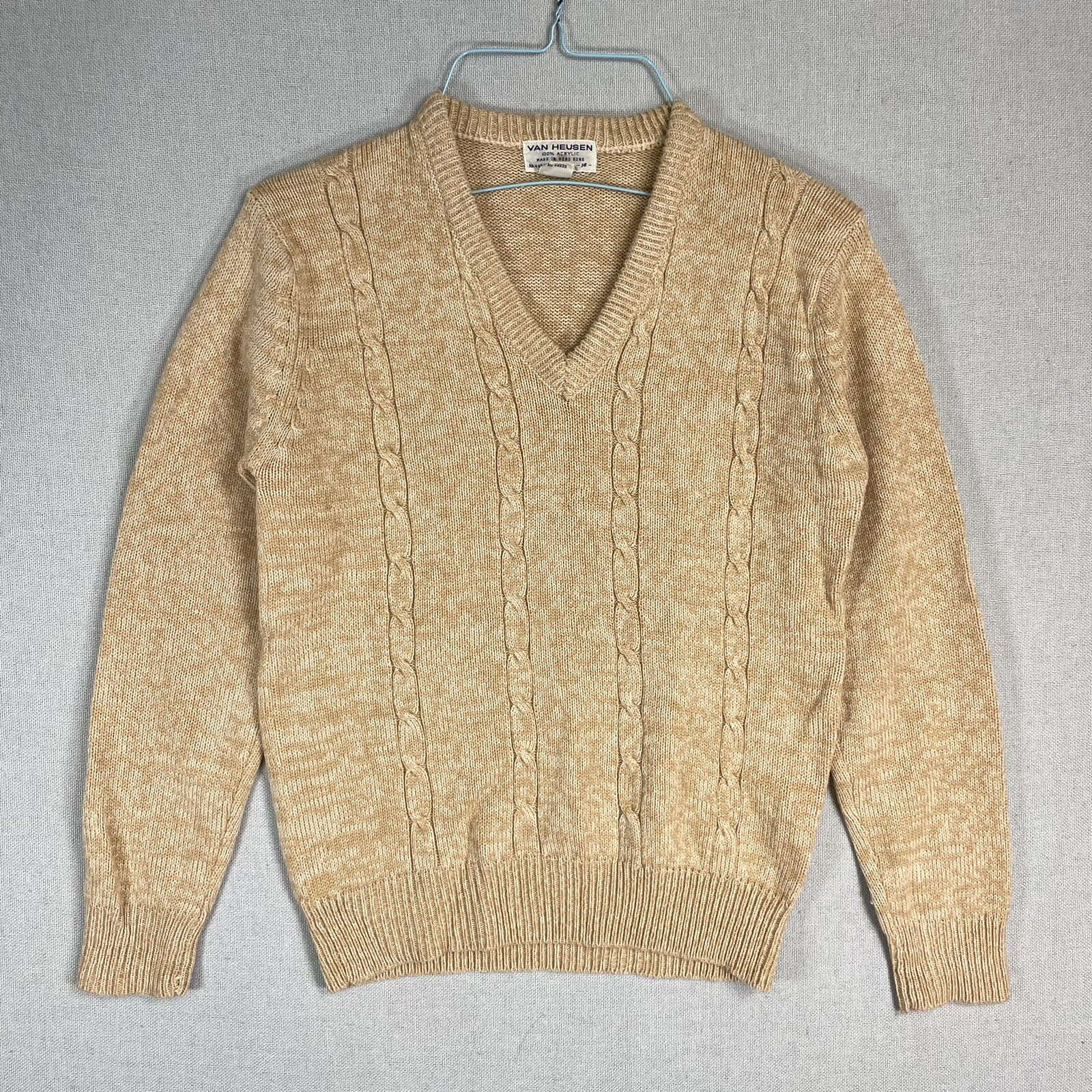 VINTAGE 70s Van Heusen Acrylic V Neck Cable Knit Sweater Women Size 18 Beige