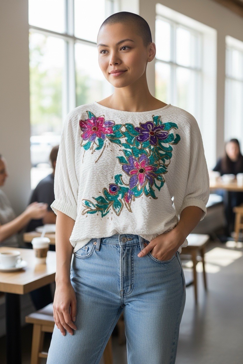 Vintage Risa Ann New York Beaded Floral Blouse Oversized 80s Textured Artsy Top