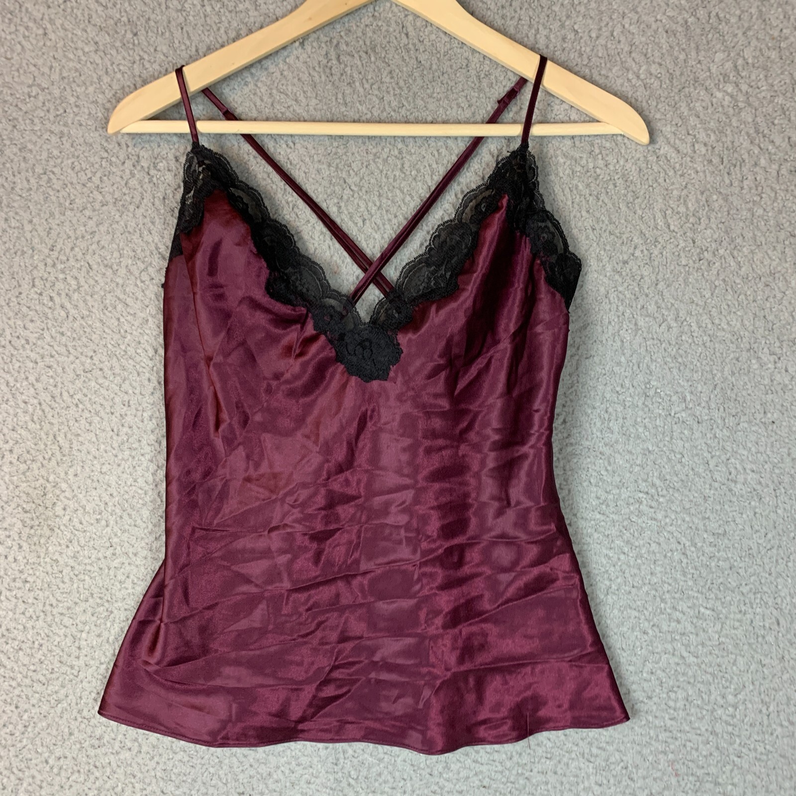 Fredericks of Hollywood Cami Top Medium Burgundy Wine Black Lace Open Back