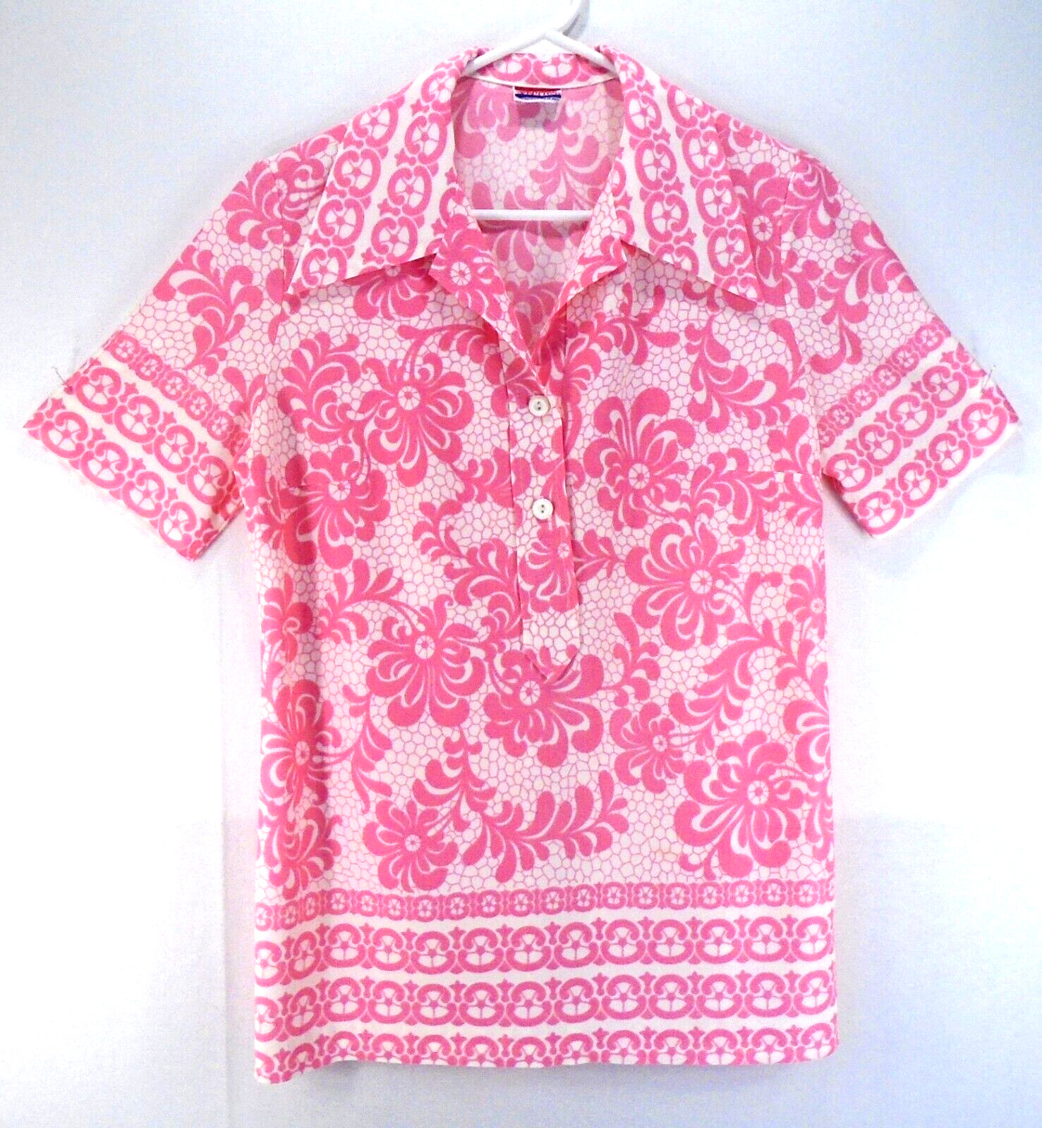 Vintage 1970s Pykettes PInk White Poly Knit Shirt Top Blouse Wide Collar MD