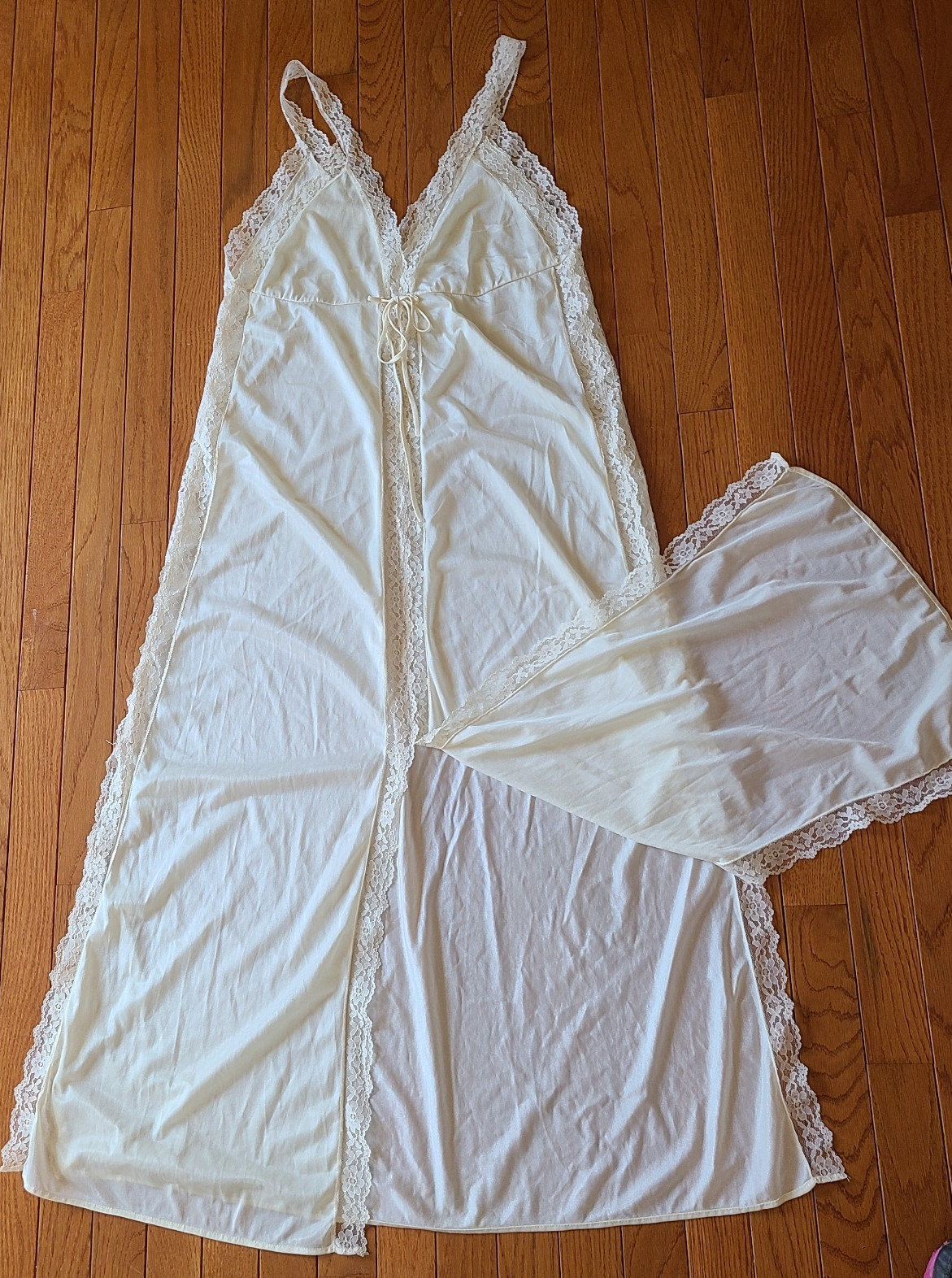 Vtg Long NIGHTGOWN Medium Nylon Lace Ethereal Slip Cream Color Bow Slit in Front