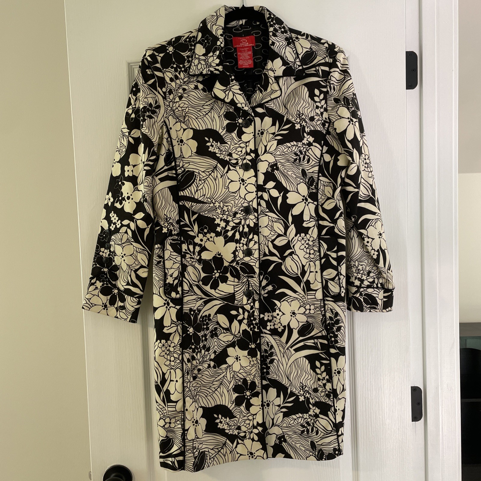 Oscar De La Renta Cotton Vtg Black Ivory Floral Jacket 10 Petit