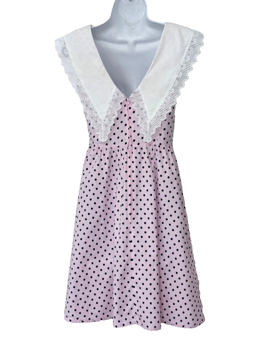 EBER SAN FRANCISCO PINK & BLACK POLKA DOT DRESS, LACE TRIMMED COLLAR, SIZE 3