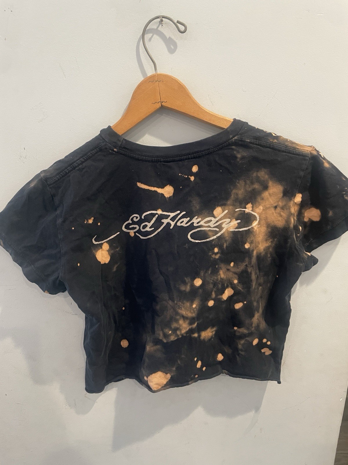 Vintage Ed Hardy Y2K Crop Top Tshirt Bleach Skull Los Angelos Checkered Flags M